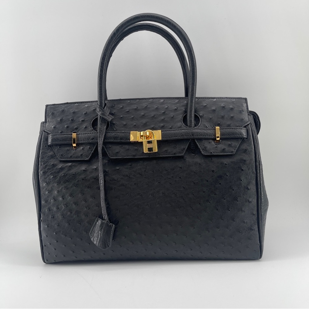 Black Tote Bag in Ostrich Skin